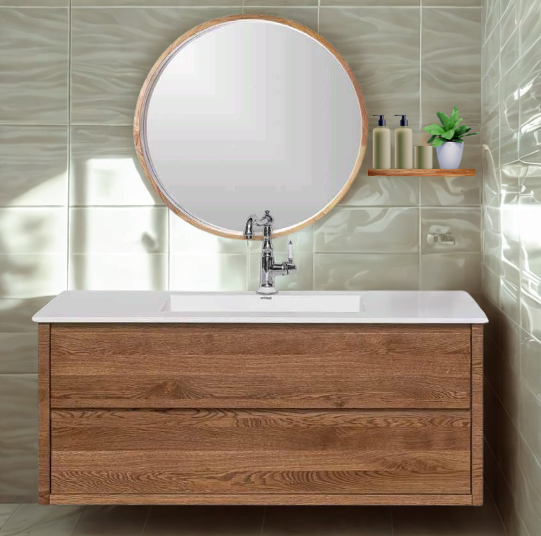 ארון אמבט עץ תלוי שקד עם כיור אינטגרלי חרס גודל 100