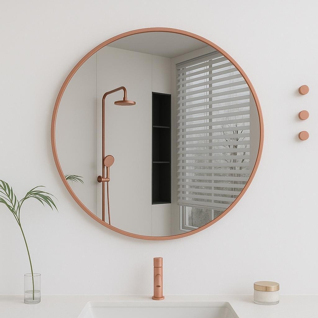 מראה עגולה יוקרתית מסגרת אלומיניום רוז גולד מט קוטר 80