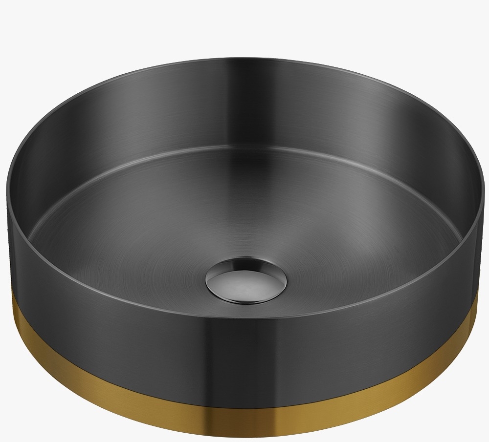 כיור נירוסטה מונח עגול משולב 2 צבעים  צבע גרפיט מט משולב זהב מט